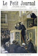 Séance agitée à la Chambre des députés au moment de l'affaire Dreyfus. Jaurès à la tribune.<br />
Gravure d'Henri Meyer. 